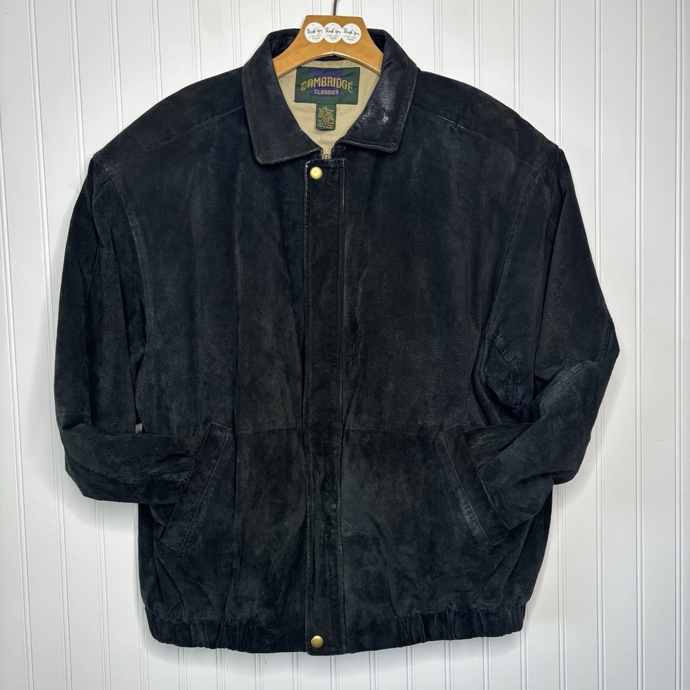 Vintage Cambridge Classic Black Suede Bomber Jacket Mens LG Retro 90's Grunge